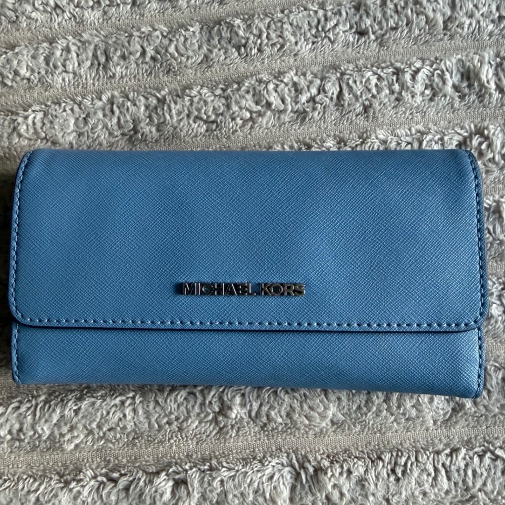 Michael Kors Blue Saffiano Leather Trifold Wallet Silver Hardware